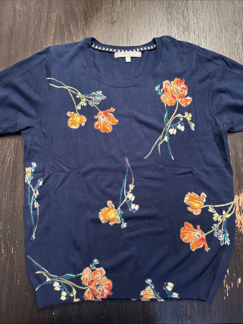Daniel Rainn Navy Short Sleeve Tee with Orange Floral Embroidery